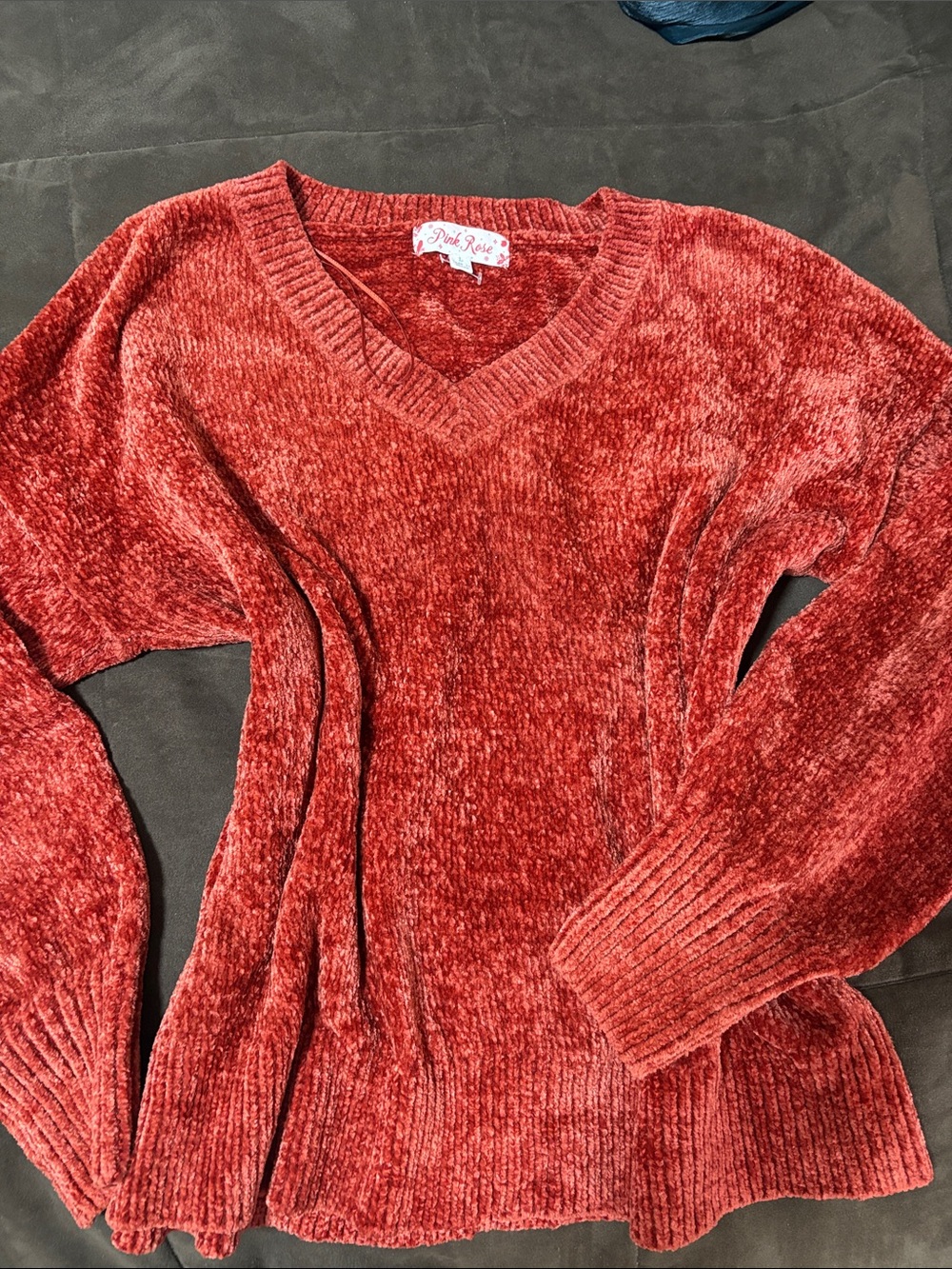 Pink Rose Chenille V-Neck Sweater in Deep Red